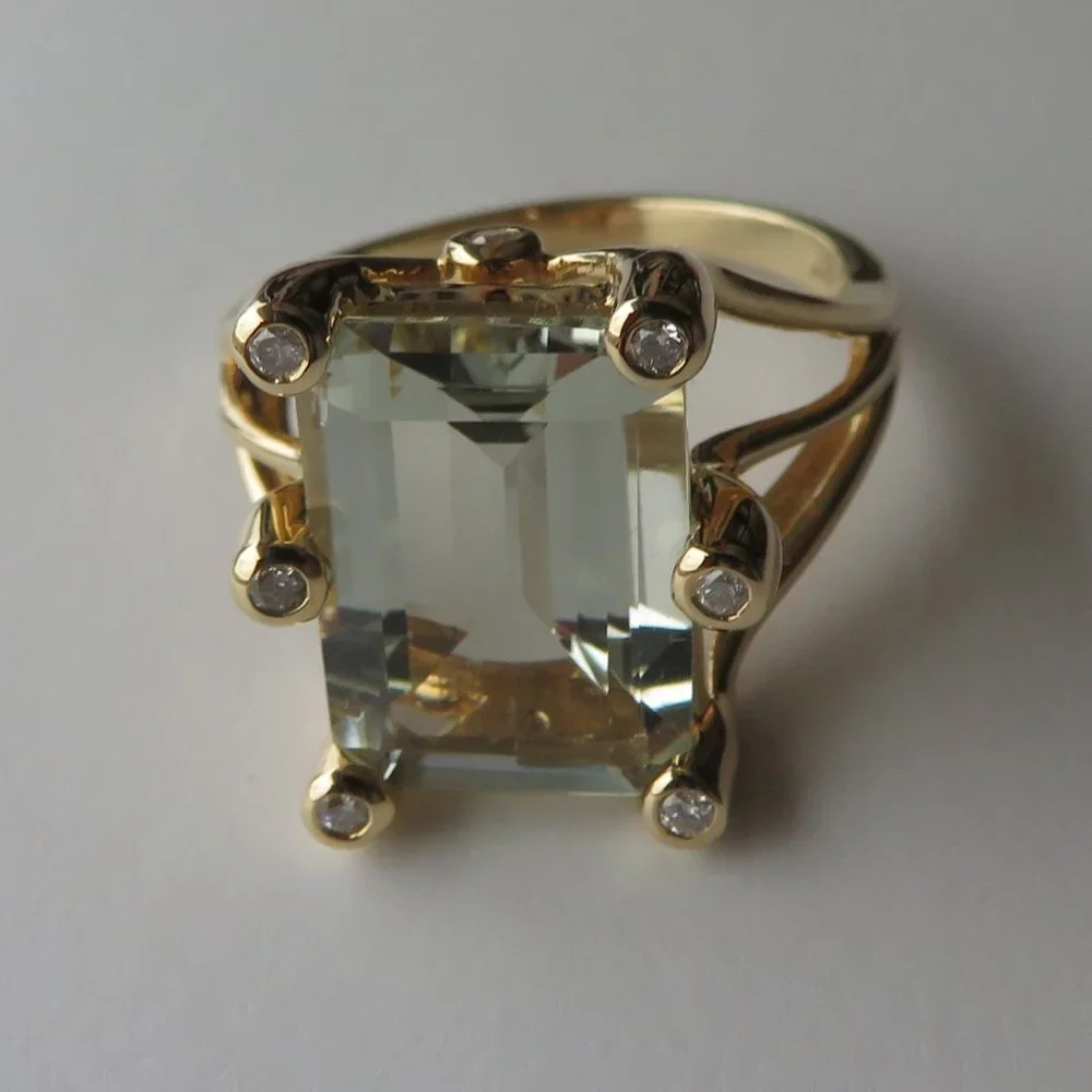 Natural Prasiolite Green Quartz Natural Diamonds 14K Yellow Gold Cocktail Ring
